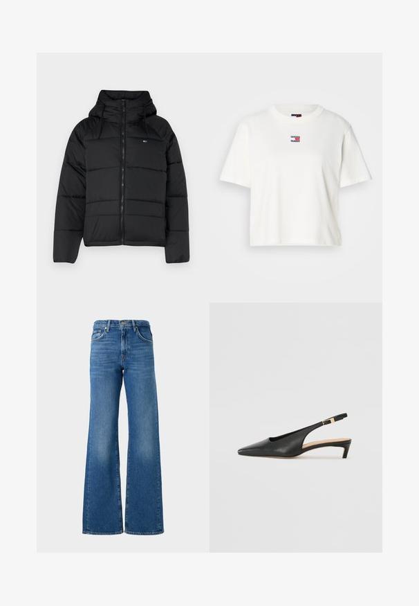 Sort polstret jakke med hætte, der har en frontend lynlås, justerbare snore og quiltet design. Blødt, letvægtsstof.; Hvid bomulds-t-shirt med rund halsudskæring og korte ærmer. Funktioner et lille farvet logo-patch med røde, blå og hvide accenter på brystet.; Bredde ben blå jeans med en falmet finish, lavet af denim, med et klassisk fem-lomme design og messingknap lukning i taljen.; Sorte læder slingback hæle med spids tå, lav hæl og justerbar ankelstrop med en guldfarvet spænde. Glat tekstur.