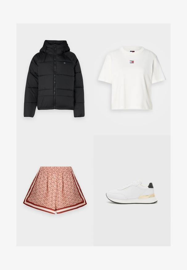 Svart polstret jakke med hette, med glidelås foran, justerbare snorer og quiltet design. Mykt, lett stoff.; Hvit bomulls T-skjorte med rund hals og korte ermer. Har et lite farget logo-patch med røde, blå og hvite detaljer på brystet.; Trykte shorts i lys rosa med et geometrisk mønster. Har elastisk linning og kontrasterende røde kanter. Myk stofftekstur.; Hvit sneaker med glatt finish, med svart hælaccent og en gullmetallisk detalj på mellomsålen. Snøring, gummisåle.
