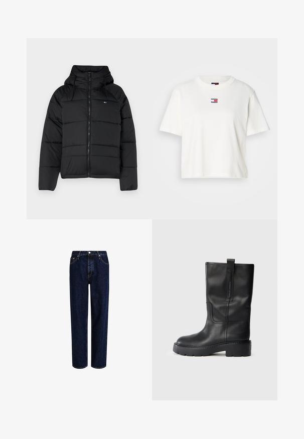 Črna podložena jakna s kapuco, ki ima sprednji zadrgo, nastavljive vrvice in kvadratni dizajn. Mehka, lahka tkanina.; Bela bombažna majica s krojnim izrezom in kratkimi rokavi. Na prsih ima majhen barvit logotip s rdečimi, modrimi in belimi akcenti.; Temno modri traper hlače z ravnim krojem, z visokim pasom, petimi žepi in kontrastnim šivanjem. Brez okrasnih elementov.; Črne usnjene ботy do kolen z elegantnim dizajnom, z debelim podplatom in stranskim trakom za enostavno obuvanje. Opozorljive šive.