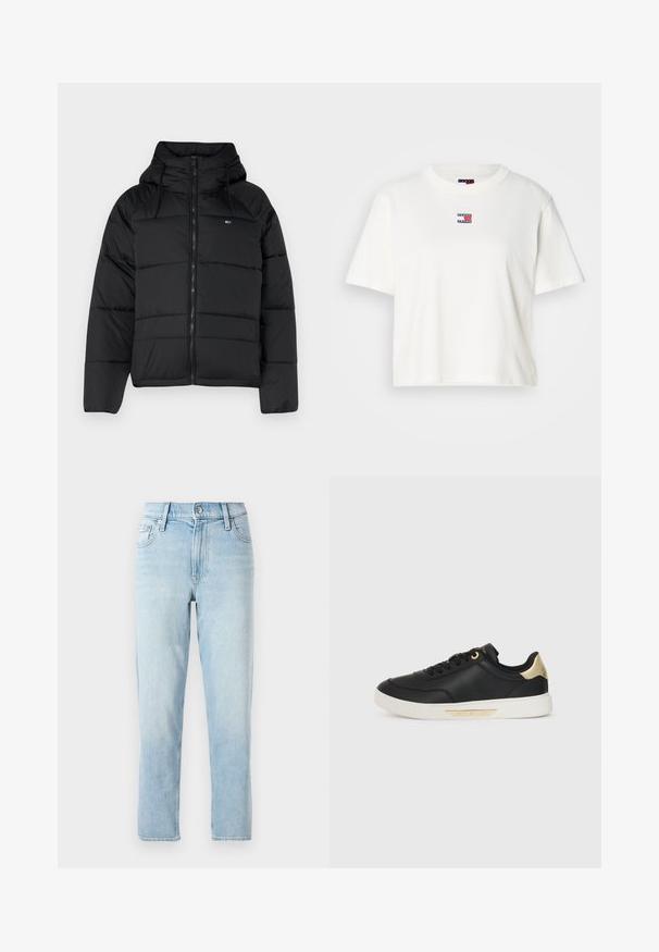 Černá péřová bunda s kapucí, vybavená předním zipem, nastavitelnými šňůrami a prošívaným designem. Měkká, lehká tkanina.; Bílý bavlněný tričko s kulatým výstřihem a krátkými rukávy. Na hrudi se nachází malá barevná nášivka s červenými, modrými a bílými akcenty.; Světle modré denimové džíny, rovný střih, střední výška pasu, s pěti kapsami a zapínáním na knoflík vpředu.; Černé kožené tenisky s hladkou texturou, bílou gumovou podrážkou, zlatými akcenty na patě a tkaničkách, s logem na boční straně.