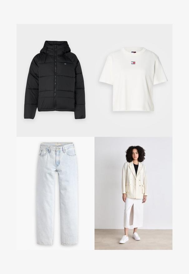 Svart polstret jakke med hette, med glidelås foran, justerbare snorer og quiltet design. Mykt, lett stoff.; Hvit bomulls T-skjorte med rund hals og korte ermer. Har et lite farget logo-patch med røde, blå og hvite detaljer på brystet.; Lys blå, rett ben denim jeans med høy midje, som har fem lommer, en front knappelukking og synlige sømdetaljer.; Kremfarget dobbeltradet blazer med to frontlommer, båret over en svart topp, kombinert med et hvitt skjørt med en frontslisse og hvite sneakers.