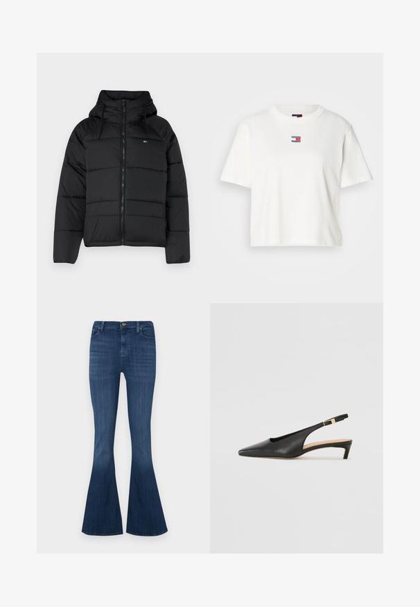 Musthave mustaga, millel on kapuuts, ees lukk, reguleeritavad nöörid ja tikitud disain. Pehme ja kerge kangas.; Valge puuvillane T-särk ümmarguse kaelusega ja lühikeste varrukatega. Rinnal on väike värviline logotempel punaste, siniste ja valgete aktsentidega.; Tumed flared teksad tumedas sinistes toonides, millel on istuv vöökoht, viis taskut ja klassikaline nööbiga sulgemine. Sile tekstuur kerge venivusega.; Musta nahast slingback-kontsaga saabas, millel on terav nina, madal konts ja reguleeritav pahkluu rihm, millel on kullatooniline pandla. Sile tekstuur.