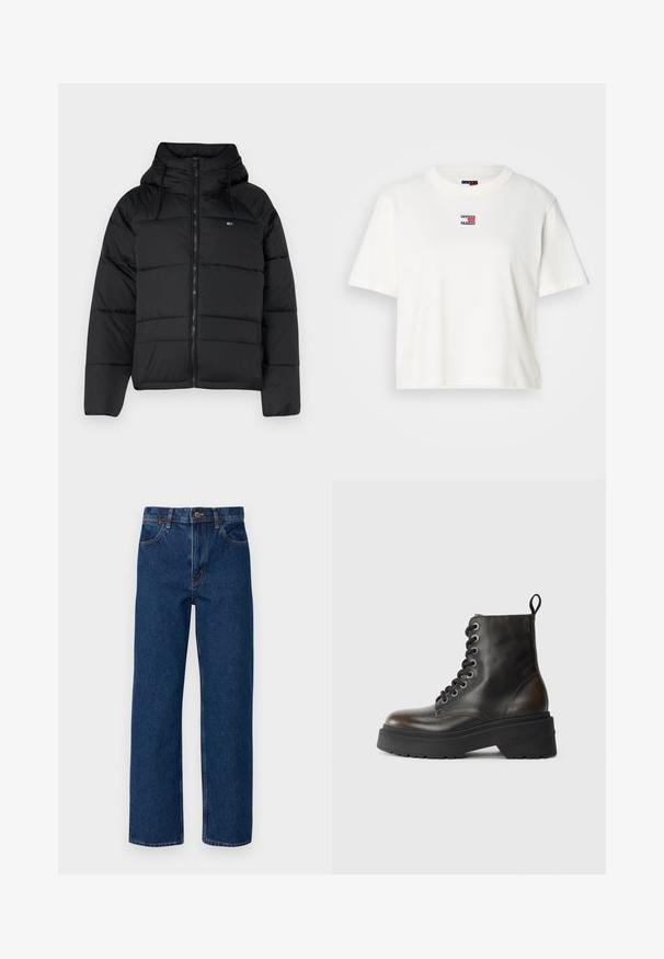 Juodas pūkų striukė su gobtuvu, su priekiniais užtrauktukais, reguliuojamomis raištelėmis ir siuvinėta struktūra. Minkšta, lengva medžiaga.; Balta medvilnės marškinėliai su apvaliu iškirpimu ir trumpomis rankovėmis. Ant krūtinės yra mažas spalvotas logotipo lipdukas su raudonais, mėlynais ir baltais akcentais.; Marimekko BARREL - Laisvo kirpimo džinsai - mid indigo; Juodos odinės kulkšnės aulinės su raišteliais priekyje, storu juodu padu ir kilpa gale, su iškilniu prekės ženklu ant kulno.