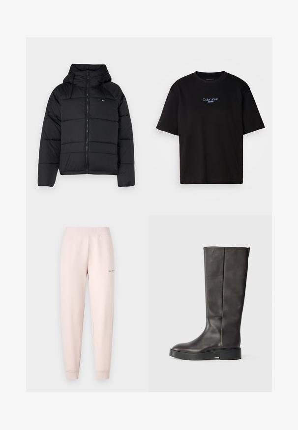 Juodas pūkų striukė su gobtuvu, su priekiniais užtrauktukais, reguliuojamomis raištelėmis ir siuvinėta struktūra. Minkšta, lengva medžiaga.; Juodas medvilnės marškinėliai su apykakle, trumpomis rankovėmis ir mėlynai siuvinėtu "Calvin Klein JEANS" logotipu priekyje.; Šviesiai rožinės sportinės kelnės su banguotu juosmeniu ir elastingais rankogaliais. Dešinėje šlaunyje yra mažas siuvinėtas logotipas. Minkšta audinio tekstūra.; Juodos odinės iki kelių botai su storu padu ir subtiliu Calvin Klein logotipu viršuje, matomi iš šono.