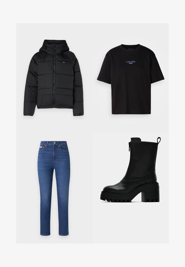 Juodas pūkų striukė su gobtuvu, su priekiniais užtrauktukais, reguliuojamomis raištelėmis ir siuvinėta struktūra. Minkšta, lengva medžiaga.; Juodas medvilnės marškinėliai su apykakle, trumpomis rankovėmis ir mėlynai siuvinėtu "Calvin Klein JEANS" logotipu priekyje.; Tamsiai mėlynos džinsinės kelnės su tiesiomis kojomis, penkių kišenių dizainu ir subtiliais siuvinėjimo detalėmis. Su užtrauktuku ir sagos uždarymu.; Juodas odinis kulkšninis batas su masyviu pado, blokiniu kulnu, šonine užtrauktuku ir kilpute gale ant paprasto balto fono.