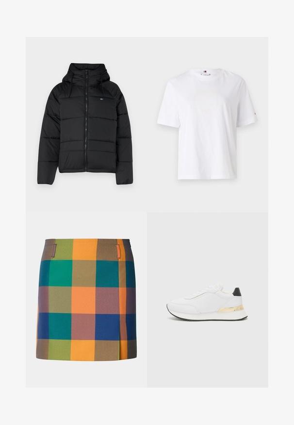Chaqueta acolchada negra con capucha, con cremallera frontal, cordones ajustables y diseño acolchado. Tejido suave y ligero.; Camiseta de algodón blanca con cuello redondo, mangas cortas y un discreto diseño de logo amarillo que dice "HILFIGER NEW YORK 1985." Corte estándar.; Falda multicolor con un audaz patrón de cuadros que presenta cuadrados naranjas, verdes, azules y marrones. Diseñada con un corte recto y acentos laterales.; Zapatilla blanca con un acabado suave, que presenta un acento negro en el talón y un detalle metálico dorado en la entresuela. Diseño de cordones, suela de goma.