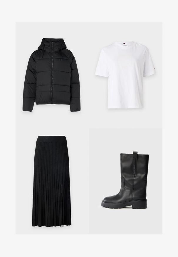 Černá péřová bunda s kapucí, vybavená předním zipem, nastavitelnými šňůrami a prošívaným designem. Měkká, lehká tkanina.; Bílý bavlněný tričko s kulatým výstřihem, krátkými rukávy a decentním žlutým logem s nápisem "HILFIGER NEW YORK 1985." Standardní střih.; Černá plisovaná midi sukně s žebrovaným pasem, která má strukturovanou tkaninu, boční rozparek a vertikální pruhy po celém designu.; Černé kožené vysoké boty až ke kolenům s elegantním designem, které mají silnou podrážku a postranní poutko pro snadné obutí. Výrazné švy.
