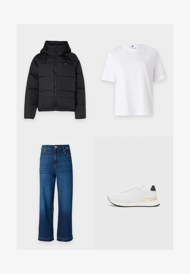 Musthave mustaga, millel on kapuuts, ees lukk, reguleeritavad nöörid ja tikitud disain. Pehme ja kerge kangas.; Valge puuvillane T-särk ümarate kaelaaukude, lühikeste varrukate ja peene kollase logoga, millel on tekst "HILFIGER NEW YORK 1985". Tavaline lõige.; Kõrge vöökohaga, laiad teksad tumesinisest denimist. Omab viit taskut, nupuga sulgemist ja toores servad detailid säärtes.; Valged sneakers sileda viimistlusega, millel on must kanna aktsent ja kuldne metalldetail keskosa peal. Traatidega disain, kummist talla.