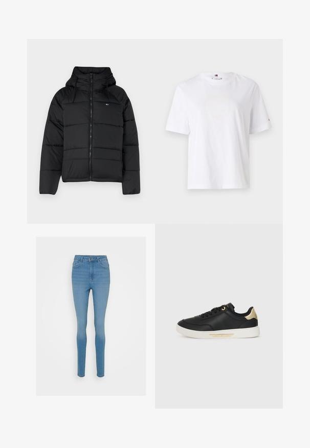 Musthave mustaga, millel on kapuuts, ees lukk, reguleeritavad nöörid ja tikitud disain. Pehme ja kerge kangas.; Valge puuvillane T-särk ümarate kaelaaukude, lühikeste varrukate ja peene kollase logoga, millel on tekst "HILFIGER NEW YORK 1985". Tavaline lõige.; Kitsad sinised teksapüksid kõrge vöökoht, ees taskud ja lukuga sulgemine. Omab kerget fade'i ja õmblusdetailid õmbluste äärtes.; Must have nahkapäkk, millel on sile tekstuur, valge kummitald, kuldsed aktsendid kanna ja silmade ümber, külgedel logo.