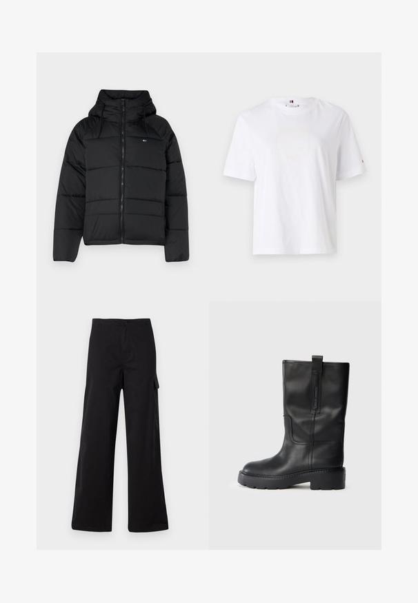Melnas polsterētas jakas ar kapuci, ar priekšējo rāvējslēdzi, pielāgojamām auklām un izšūtu dizainu. Mīksts, viegls audums.; Balts kokvilnas T-krekls ar apaļu kaklu, īsām piedurknēm un smalku dzeltenu logo dizainu, kas lasa "HILFIGER NEW YORK 1985". Standarta izgriezums.; Melnas kokvilnas cargo bikses ar taisnu kāju dizainu, kurām ir sānu kabata un pogu aizdare. Gluda tekstūra un izturīgs materiāls.; Melnas ādas līdz ceļiem augstas zābaki ar elegantu dizainu, kas iezīmē biezus zole un sānu cilpu, lai ērtāk uzvilktu. Ievērojamas šuvju akcenti.