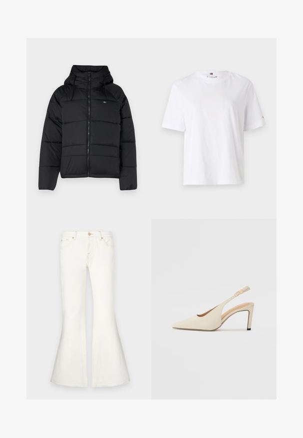 Fekete puffasztott kabát kapucnival, elülső cipzárral, állítható húzózsinórral és steppelt dizájnnal. Puha, könnyű anyag.; Fehér pamut póló, kerek nyakkivágással, rövid ujjakkal és diszkrét sárga logóval, amelyen a felirat "HILFIGER NEW YORK 1985" szerepel. Normál szabású.; Fehér, magas derékú, trapéz farmernadrág. Jellemzői közé tartozik a díszvarrás és az elülső zsebek. Simára kidolgozott textúra, strukturált dizájnnal.; Beige bőr, slingback sarkú cipők, hegyes orral, nyitott oldalú kialakítással és vékony magas sarkú talppal. Arany díszítéssel rendelkezik a pánton.