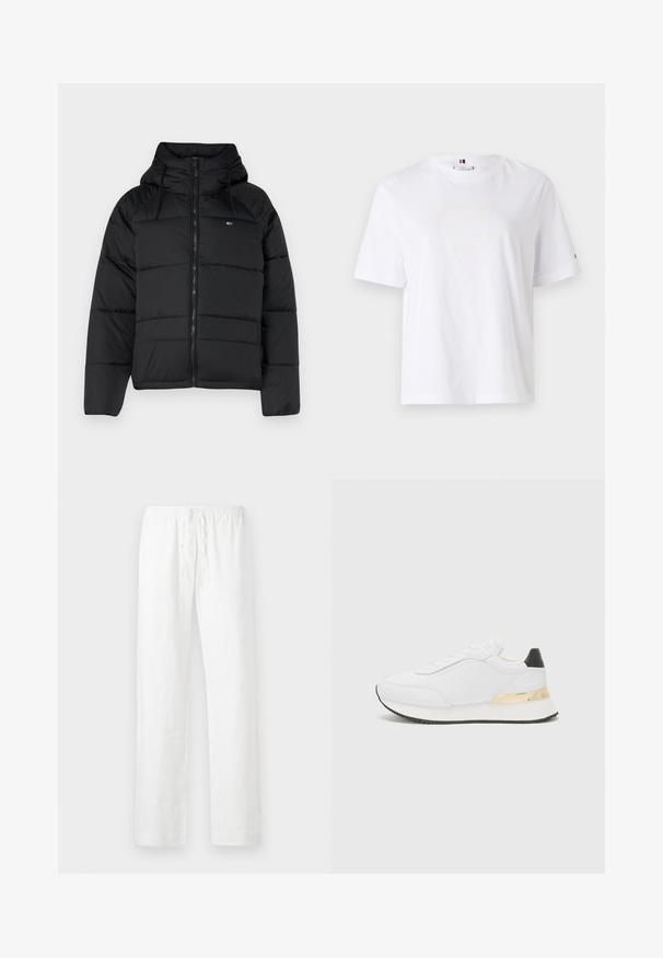 Jachetă neagră căptușită cu glugă, cu fermoar frontal, șnururi ajustabile și design matlasat. Material moale și ușor.; Tricou alb din bumbac, cu guler rotund, mâneci scurte și un design subtil al logo-ului galben care spune "HILFIGER NEW YORK 1985." Croială standard.; Pantaloni albi din in cu o croială lejeră, brâu elastic cu şnur, şi picioare drepte; textură fină şi material uşor.; Sneaker alb cu un finisaj neted, având un accent negru pe toc și un detaliu metalic auriu pe talpa intermediară. Design cu șireturi, talpă din cauciuc.