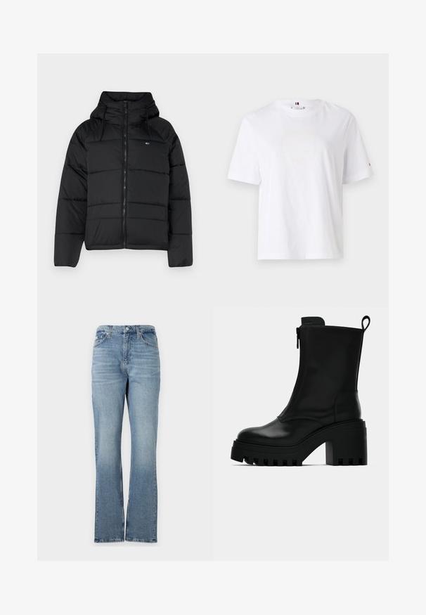 Svart polstret jakke med hette, med glidelås foran, justerbare snorer og quiltet design. Mykt, lett stoff.; Hvit bomulls T-skjorte med rund hals, korte ermer og subtilt gult logodesign som leser "HILFIGER NEW YORK 1985." Standard passform.; Lys blå denimjeans med rett ben, fem lommer, beltehemper og glidelås. Tøyet har en subtil tekstur.; Sorte lær ankelsko med kraftig såle, blokkhæl, sidelukking med glidelås og trekketap bak på ensfarget hvit bakgrunn.