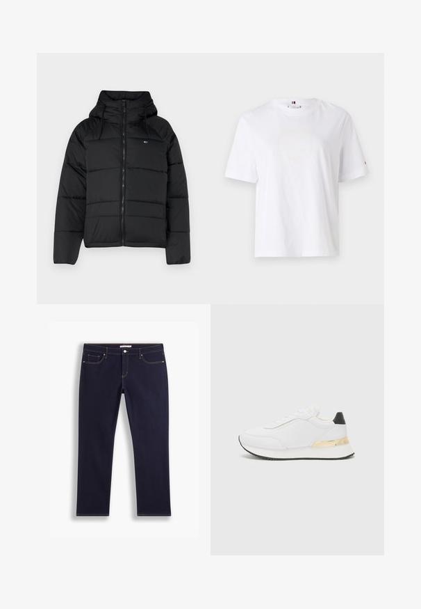 Svart polstret jakke med hette, med glidelås foran, justerbare snorer og quiltet design. Mykt, lett stoff.; Hvit bomulls T-skjorte med rund hals, korte ermer og subtilt gult logodesign som leser "HILFIGER NEW YORK 1985." Standard passform.; Mørkeblå denimjeans med rette ben, med kontrasterende gul søm, fem lommer og metallknaplukking.; Hvit sneaker med glatt finish, med svart hælaccent og en gullmetallisk detalj på mellomsålen. Snøring, gummisåle.