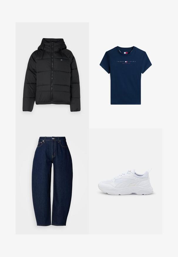 Schwarze gepolsterte Jacke mit Kapuze, ausgestattet mit einem frontalen Reißverschluss, verstellbaren Kordeln und gestepptem Design. Weicher, leichter Stoff.; Marineblaue Baumwoll-T-Shirt mit kurzen Ärmeln, Rundhalsausschnitt und weißem sowie rotem "TOMMY JEANS NEW YORK CITY"-Logo, das über die Brust gedruckt ist.; Dunkelblaue Jeans aus Denim mit lässiger Passform, geraden Beinen, Fünf-Taschen-Design und kontrastierenden gelben Nähten. Metallknopfverschluss an der Taille.; Weißer Sport sneaker mit einem Obermaterial aus Mesh, strukturierten Überzügen, gepolstertem Kragen, dicker Gummisohle und einer Zuglasche an der Ferse für einfaches An- und Ausziehen.