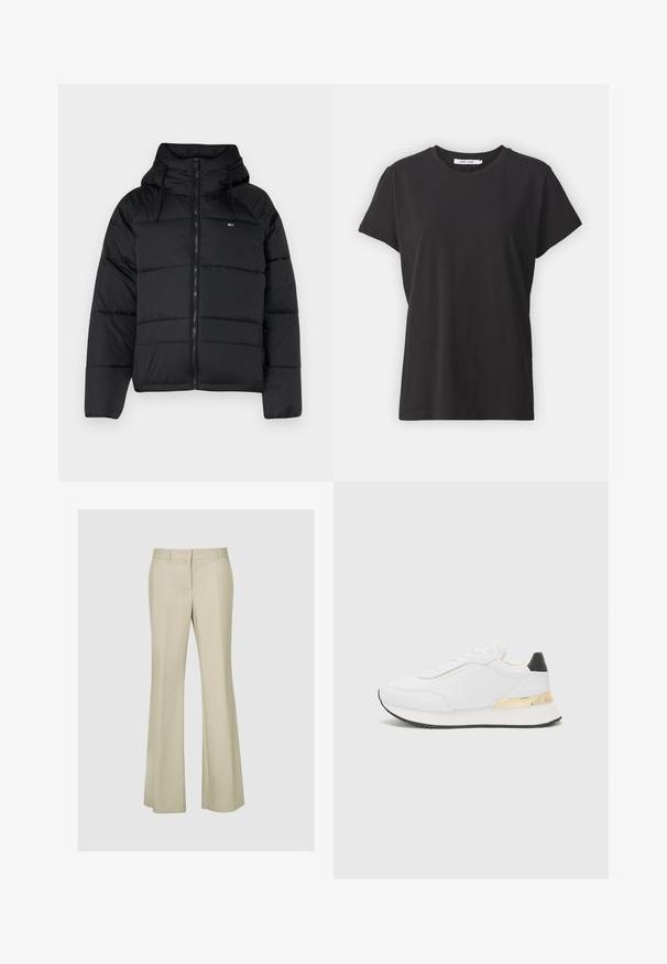 Crna podstavljena jakna s kapuljačom, sa prednjim zatvaračem, podesivim vezicama i kviltanim dizajnom. Mekani, lagani materijal.; Crna pamučna majica s klasičnim okruglim izrezom, kratkim rukavima i opuštenim krojem. Glatka tekstura, bez vidljivih uzoraka ili akcenata.; Bež flared hlače od glatkog materijala, s srednjim strukom, detaljima šavova i bez vidljivih metalnih dijelova ili uzoraka.; Bijele tenisice s glatkom obradom, koje imaju crni akcent na peti i zlatni metalni detalj na srednjem dijelu. Dizajn sa vezicama, gumeni potplat.