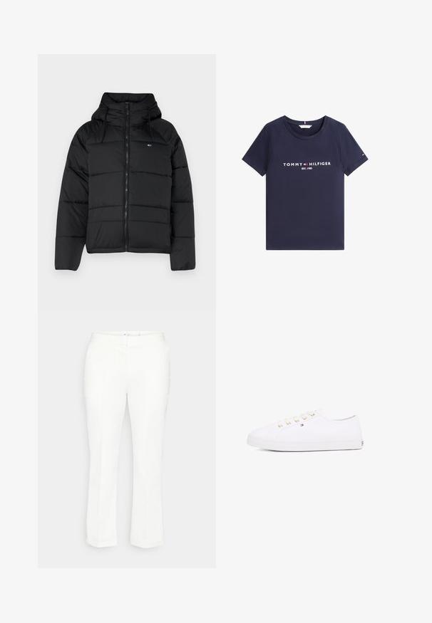 Crna podstavljena jakna s kapuljačom, sa prednjim zatvaračem, podesivim vezicama i kviltanim dizajnom. Mekani, lagani materijal.; Mornarsko plava majica kratkih rukava s okruglim izrezom i bijelim tekstom "Tommy Hilfiger EST. 1985" te logotipom sprijeda.; Bijele hlače ravnog kroja s ravnim pojasom, suptilnim naborima i bez vidljivih džepova. Glatka tekstura, klasičan dizajn.; Bijela platnena tenisica s zlatnim očicama, ravnim vezicama, teksturiranom gumenom potplatom i minimalnim brandom sa strane. Nizak profil dizajna.