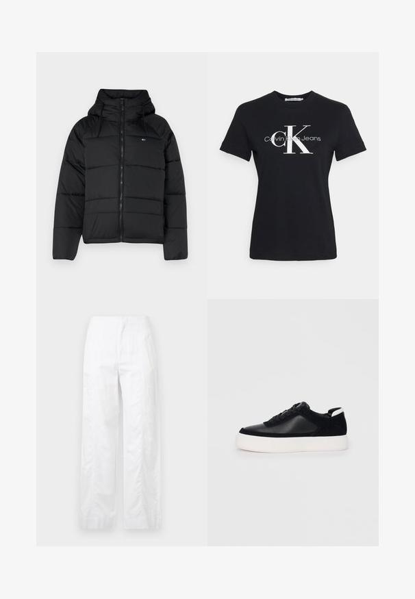 Črna podložena jakna s kapuco, ki ima sprednji zadrgo, nastavljive vrvice in kvadratni dizajn. Mehka, lahka tkanina.; Črna bombažna majica s kratkimi rokavi, ki ima spredaj bel "CK" logotip in besedilo "Calvin Klein Jeans" v moderni pisavi.; Bela široka hlače iz lahkega materiala, ki se ponašajo z gladko teksturo, čistimi linijami in visokim pasom.; Črne športne copate z gladko usnjeno in semišnimi paneli, ravnimi vezalkami, zaobljenim nosom in belim gumijastim podplatom. Oznaka na peti.