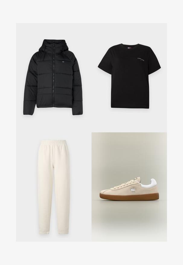 Svart vadderad jacka med huva, med dragkedja fram, justerbara snoddar och kviltad design. Mjuk och lätt tyg.; Svart kortärmad t-shirt i bomull med rund halsringning och en liten vit logotyp på vänster bröstområde. Enkel, avslappnad passform.; Krämfärgade sweatpants gjorda av mjukt tyg. Har en elastisk midja och en tapered ben-design med subtila sömdetaljer.; Beige mocka sneakers med vita detaljer och gummisula. Har en upphöjd logotyp på sidan och kontrasterande beige snören. Klassisk design.