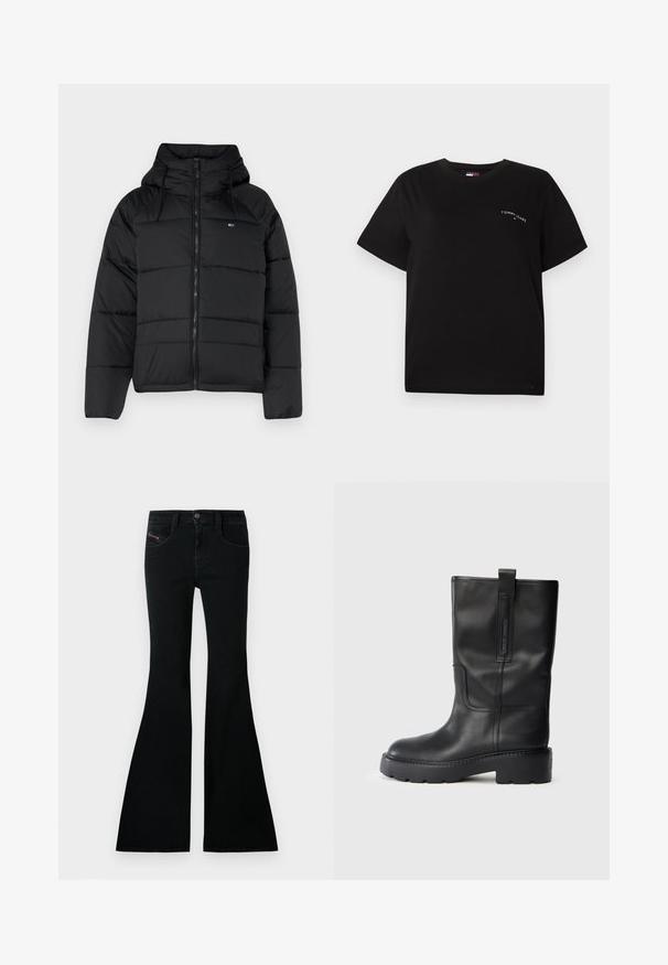 Juodas pūkų striukė su gobtuvu, su priekiniais užtrauktukais, reguliuojamomis raištelėmis ir siuvinėta struktūra. Minkšta, lengva medžiaga.; Juodas trumpomis rankovėmis medvilnės marškinėliai su apykakle ir mažas baltas logotipas kairėje krūtinės pusėje. Paprastas, laisvas dizainas.; Juodos plačios džinsinės kelnės su aukštu liemeniu, džinsų audiniu, priekinėmis kišenėmis ir mažai logotipu ant priekinės kišenės.; Juodos odinės kelio ilgio bootai su elegantišku dizainu, turintys storą padas ir šoninius traukimo antkaklius patogiam užsitempimui. Išskirtiniai siuvimo akcentai.