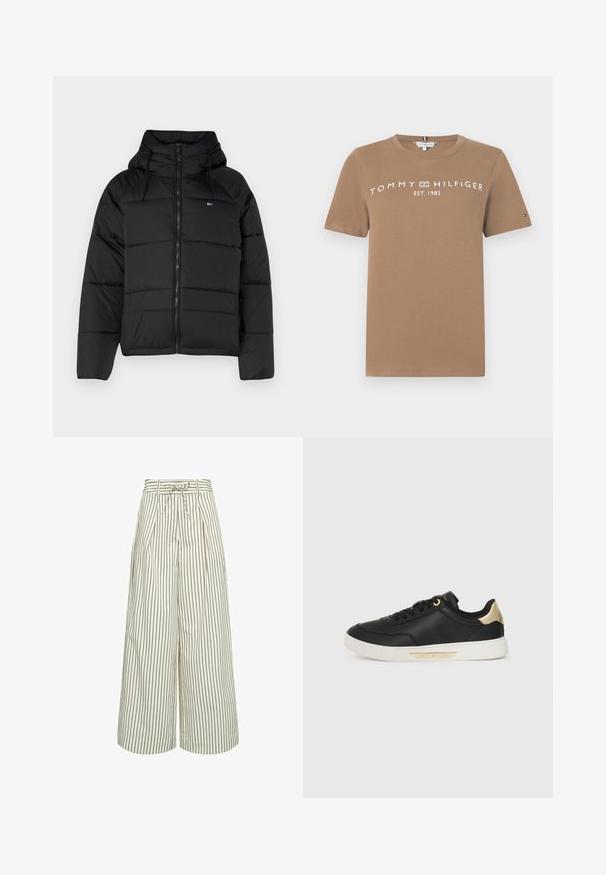 Fekete puffasztott kabát kapucnival, elülső cipzárral, állítható húzózsinórral és steppelt dizájnnal. Puha, könnyű anyag.; Barna pamut póló rövid ujjakkal, elöl fehér logó szöveggel TOMMY HILFIGER EST. 1985, valamint egy kisebb logó akcentussal az ujján.; Krém színű, széles lábú nadrág vékony barna függőleges csíkokkal. Plissékkel és derékon megkötős övvel rendelkezik. Simább anyagból készült.; Fekete bőr sportcipő sima textúrával, fehér gumitalppal, arany részletekkel a saroknál és a fűzőlyukaknál, oldalt egy logóval.