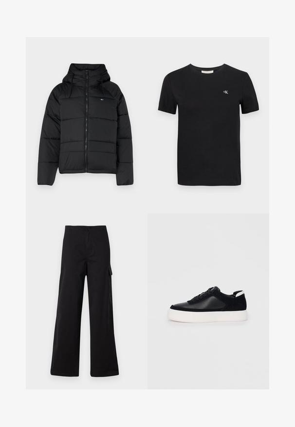 Musthave mustaga, millel on kapuuts, ees lukk, reguleeritavad nöörid ja tikitud disain. Pehme ja kerge kangas.; Mustern musta t-särk musta puuvillast, klassikalise ümmarguse kaeluse, lühikeste varrukatega ja väikese valge broderitud "ck" logoga rinnal.; Mustad mustad püksid, mis on valmistatud puuvillast, sirge lõikega. Küljetasku ja nööbiga sulgemine. Sile tekstuur ja vastupidav materjal.; Mustad mustad spordijalanõud siledast nahast ja sametist paneelidega, lame nööriga, ümar varvas ja valge kummist tallaga. Erakordne logo kontsas.