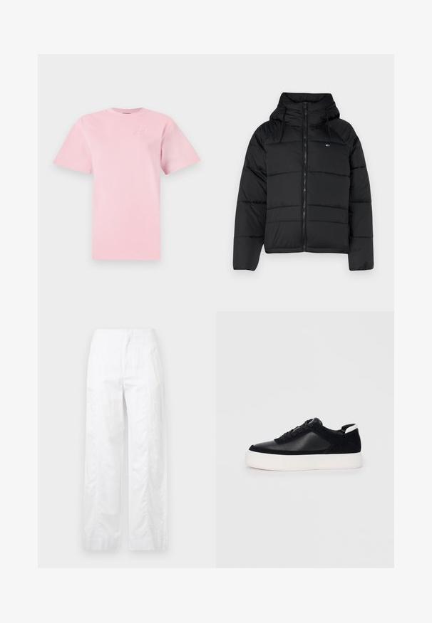 Casaco acolchoado preto com capuz, apresentando um fecho éclair frontal, cordões ajustáveis e design acolchoado. Tecido macio e leve.; T-shirt de algodão rosa claro com decote redondo e mangas curtas. Apresenta um logótipo em relevo no lado superior esquerdo do peito. Design simples.; Calças brancas de perna larga feitas de um tecido leve, com uma textura suave, linhas limpas e um design de cintura alta.; Sapatilha preta com painéis de pele lisa e camurça, atacadores planos, bico arredondado e sola de borracha branca. Logótipo distinto no calcanhar.