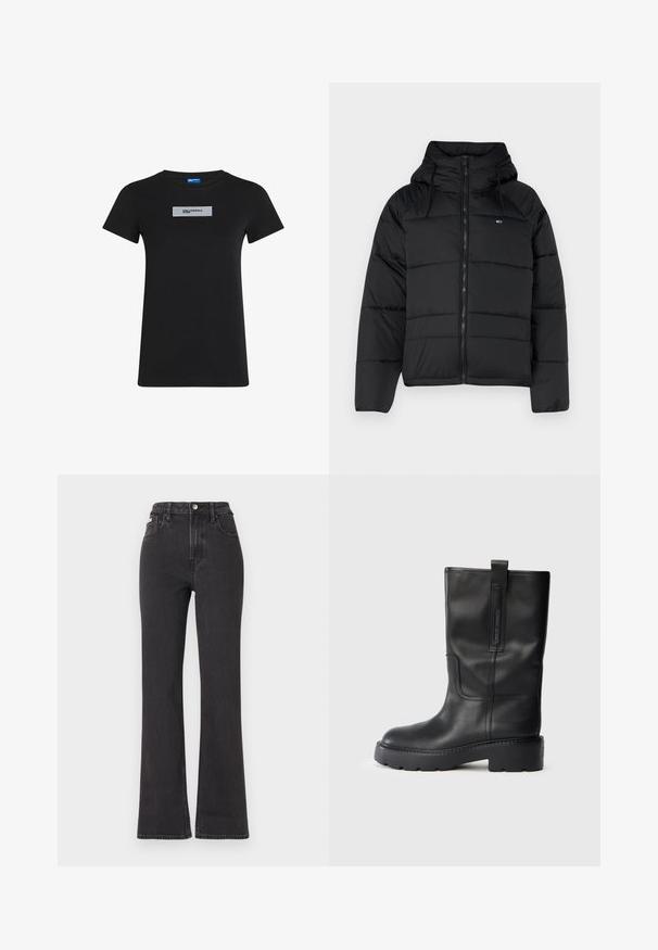 Casaco acolchoado preto com capuz, apresentando um fecho éclair frontal, cordões ajustáveis e design acolchoado. Tecido macio e leve.; T-shirt de algodão preta com mangas curtas, decote redondo e um patch de logotipo retangular prateado na parte da frente. Textura suave e corte regular.; Jeans flared pretos de cintura alta feitos de denim, com fecho de botão, passadores para cinto e bolsos laterais. Textura suave com desbotamento mínimo.; Botas pretas de couro até ao joelho com um design elegante, apresentando uma sola grossa e uma aba lateral para fácil colocação. Detalhes de costura notáveis.