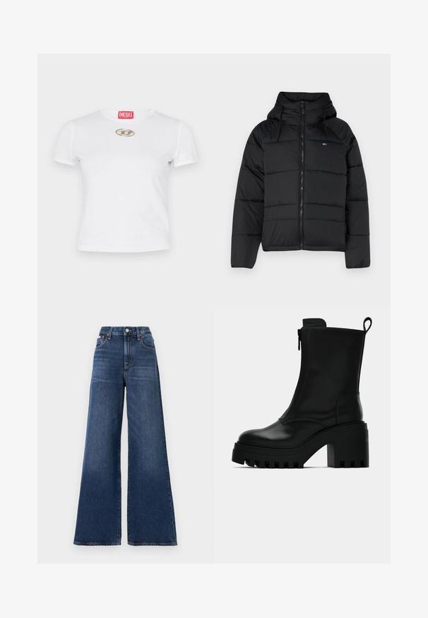 Casaco acolchoado preto com capuz, apresentando um fecho éclair frontal, cordões ajustáveis e design acolchoado. Tecido macio e leve.; T-shirt de algodão branco com um design ajustado, mangas curtas e um destaque em logotipo oval prateado no peito. Etiqueta da marca vermelha no decote.; Fatos de ganga de cintura alta e perna larga, feitos de denim azul-escuro, com fecho de botão, cinco bolsos e um desgaste subtil nas coxas.; Botim de pele preto até ao tornozelo com sola robusta, salto bloco, fecho lateral e alça na parte de trás sobre fundo branco liso.