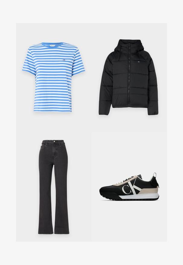 Musthave mustaga, millel on kapuuts, ees lukk, reguleeritavad nöörid ja tikitud disain. Pehme ja kerge kangas.; Sinine ja valge triibuline lühikeste varrukatega T-särk, mis on valmistatud puuvillast. T-särgil on ümar kaelus ja rinnal väike tikandiga logo.; Mustad kõrge vöökohaga laienevad teksapüksid, mis on valmistatud denimist, varustatud nööbiga kinnitamise, vöörihmade ja küljetaskutega. Sile tekstuur minimaalse pleekimisega.; Mustan värvi tennised, millel on beeži nubukist aktsent, valge logo, kummist tallad ja paelad. Omab vastupidavat pealist ja tõmbeosa kannal.