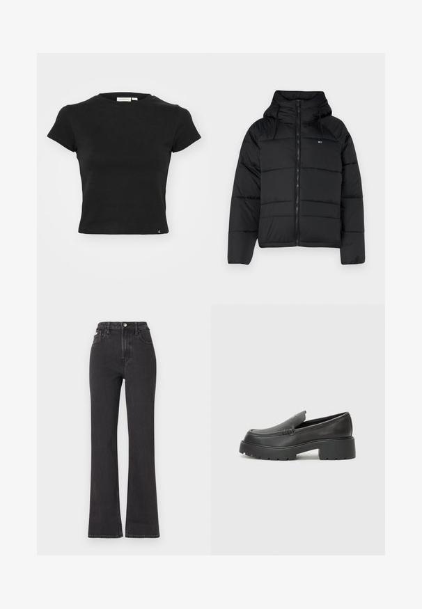 Jachetă neagră căptușită cu glugă, cu fermoar frontal, șnururi ajustabile și design matlasat. Material moale și ușor.; Tricou negru cu mânecă scurtă, fabricat din bumbac, cu guler rotund, formă ajustată și un mic etichetă cu logo la tiv.; Jeans negre cu talie înaltă, evazate, din denim, cu închidere prin buton, bucle pentru curea și buzunare laterale. Textură netedă, cu decolorare minimă.; Mocasini din piele neagră, cu vârf rotunjit, talpă groasă texturată și detalii minimale de cusătură. Design elegant, fără șireturi sau accesorii vizibile.