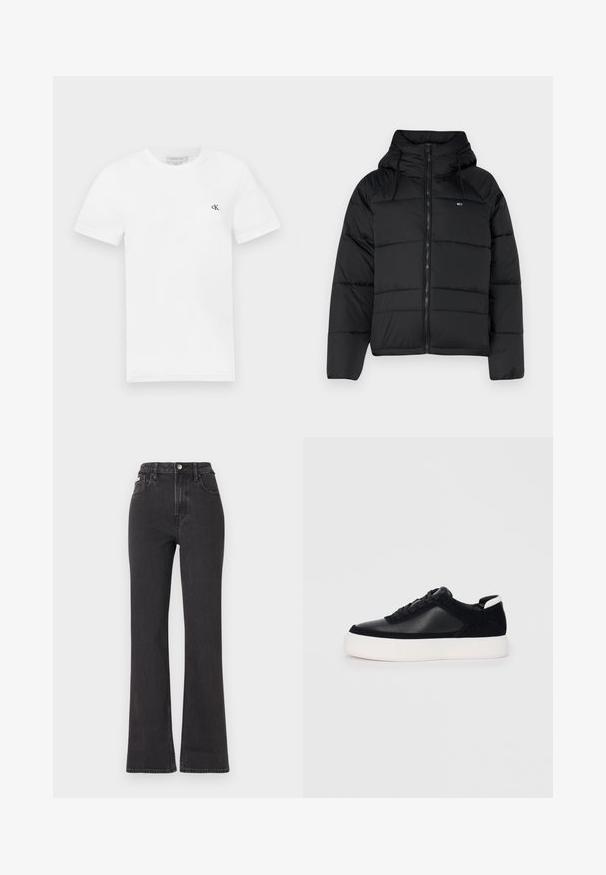 Crna podstavljena jakna s kapuljačom, sa prednjim zatvaračem, podesivim vezicama i kviltanim dizajnom. Mekani, lagani materijal.; Bijela pamučna majica s kratkim rukavima i okruglim izrezom. Ima mali crni "ck" logo na lijevoj strani prsnog koša. Glatka tekstura.; Crne traperice s visokim strukom i proširenim dnom, izrađene od denima, s kopčanjem na dugme, petljama za remen i bočnim džepovima. Glatka tekstura s minimalnim izblijedjenjem.; Crne tenisice s glatkom kožom i panelima od antilopa, ravne vezice, zaobljenim vrhom i bijelim gumeni potplat. Izraziti logo na peti.