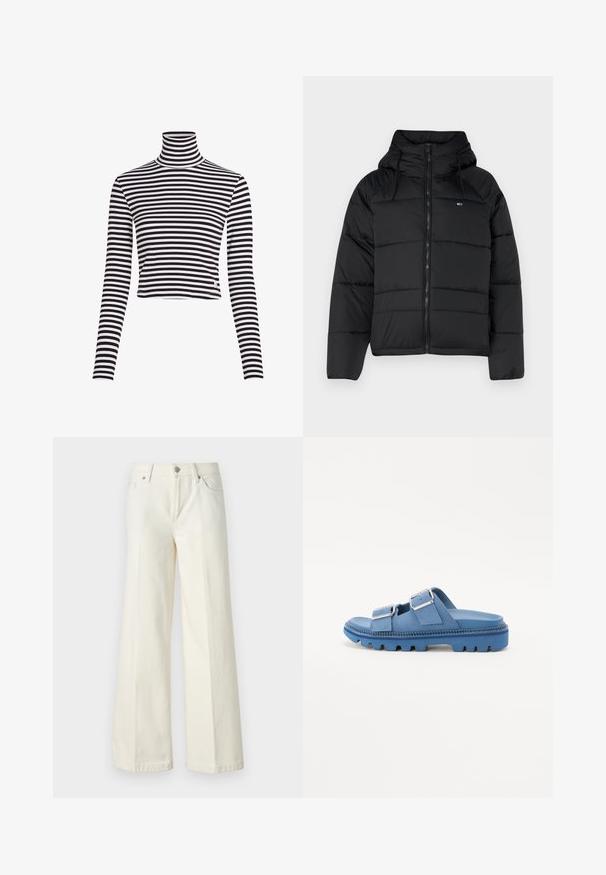 Musthave mustaga, millel on kapuuts, ees lukk, reguleeritavad nöörid ja tikitud disain. Pehme ja kerge kangas.; Mustriline mustriga kaelusega topp pikkade varrukatega ja lühikese disainiga, valmistatud ribakujulisest materjalist. Omab väikest kaubamärgi logo ääre lähedal.; Laiad valged teksad, mis on valmistatud puuvilla segust. Omavad lukuga eesmist sulgemist, viie taskuga disaini ning õmblusi pükste saemetes.; Sinised platvormsandaalid, millel on kaks reguleeritavat pandlast, tekstureeritud kummiining ja siledast materjalist ülaosa. Toekas, ümar disain.