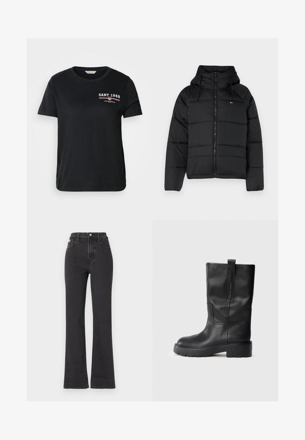 Fekete puffasztott kabát kapucnival, elülső cipzárral, állítható húzózsinórral és steppelt dizájnnal. Puha, könnyű anyag.; Fekete pamut póló kerek nyakkivágással, rövid ujjakkal, bal mellen fehér és piros "GANT 1949" logóval és felirattal.; Fekete, magas derekú, trapéz fazonú farmernadrág, gombos záródással, övrésszel és oldalsó zsebekkel. Sima textúrájú, minimális kopással.; Fekete bőr, térd fölé érő csizmák, amelyek karcsú dizájnnal rendelkeznek, vastag talppal és oldalsó húzópánttal a könnyű felvételhez. Figyelemre méltó varrási részletek.