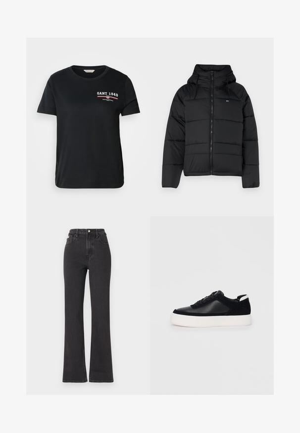 Czarna ocieplana kurtka z kapturem, wyposażona w zamek błyskawiczny z przodu, regulowane sznurki oraz pikowany wzór. Miękka, lekka tkanina.; Czarna bawełniana koszulka z krótkim rękawem, z okrągłym dekoltem, z białym i czerwonym logo oraz napisem „GANT 1949” po lewej stronie klatki piersiowej.; Czarne jeansy z wysokim stanem i rozszerzanym dołem, wykonane z denimu, z zapięciem na guzik, szlufkami na pasek oraz kieszeniami bocznymi. Gładka faktura z minimalnym przetarciem.; Czarne sneakersy z gładkiej skóry i zamszowymi panelami, płaskimi sznurowadłami, zaokrąglonym noskiem i białą gumową podeszwą. Wyraźne logo na pięcie.