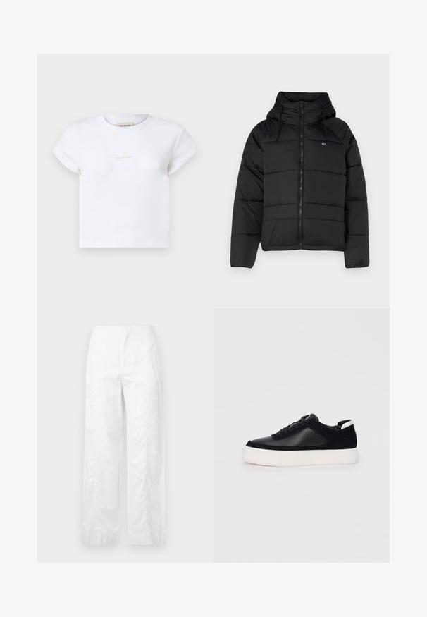 Čierna prešívaná bunda s kapucňou, má predný zips, nastaviteľné šnúrky a prešívaný dizajn. Mäkkučká, ľahká tkanina.; Biela bavlnená tričko s krátkymi rukávmi, na prednej strane s jemným zlatým logom "Calvin Klein" a okrúhlym výstrihom.; Biele široké nohavice z ľahkej látky, s hladkou textúrou, čistými líniami a vysokým pásom.; Čierne tenisky s hladkou kožou a semišovými panelmi, plochými šnúrkami, zaoblenou špičkou a bielou gumovou podrážkou. Výrazné logo na päte.