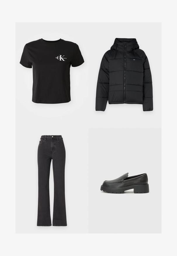 Juodas pūkų striukė su gobtuvu, su priekiniais užtrauktukais, reguliuojamomis raištelėmis ir siuvinėta struktūra. Minkšta, lengva medžiaga.; Juodas medvilnės marškinėliai trumpomis rankovėmis, apvaliu iškirpimu ir baltu logo, kuriame yra "Calvin Klein Jeans" ir raidės "CK" krūtinėje.; Juodi aukštu liemeniu platėjantys džinsai, pagaminti iš džinsinio audinio, su mygtuko uždarymu, diržo kilpomis ir šoninėmis kišenėmis. Lygus paviršius su minimaliais išblukimais.; Juodi odiniai loaferiai su apvaliu pirštu, storu tekstūruotu padu ir minimaliu siūlių dekoru. Išskirtinis dizainas be matomų raištelių ar furnitūros.