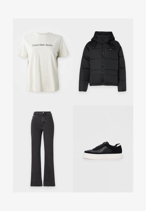 Casaco acolchoado preto com capuz, apresentando um fecho éclair frontal, cordões ajustáveis e design acolchoado. Tecido macio e leve.; T-shirt de mangas curtas cinza claro com "Calvin Klein Jeans" impresso em preto, centralizado no peito.; Jeans flared pretos de cintura alta feitos de denim, com fecho de botão, passadores para cinto e bolsos laterais. Textura suave com desbotamento mínimo.; Sapatilha preta com painéis de pele lisa e camurça, atacadores planos, bico arredondado e sola de borracha branca. Logótipo distinto no calcanhar.