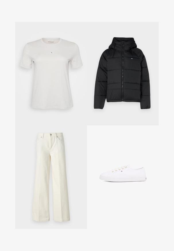 Chaqueta acolchada negra con capucha, con cremallera frontal, cordones ajustables y diseño acolchado. Tejido suave y ligero.; Camiseta de algodón blanca con mangas cortas, escote redondo y un pequeño parche con el logo de CK en el pecho. Textura de tela suave.; Jeans blancos de pierna ancha hechos de una mezcla de algodón. Cuentan con una cremallera en la bragueta, diseño de cinco bolsillos y costuras a lo largo de las costuras.; Zapatillas de lona blancas con ojales dorados, cordones planos, suela de goma texturizada y un branding mínimo en el lateral. Diseño de perfil bajo.