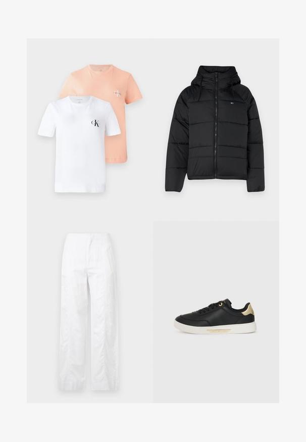 Crna podstavljena jakna s kapuljačom, sa prednjim zatvaračem, podesivim vezicama i kviltanim dizajnom. Mekani, lagani materijal.; Dvije majice kratkih rukava: jedna bijela s crnim CK logotipom, druga svijetlo breskvasta s manjim CK logotipom, obje izrađene od mekanog pamuka.; Bijele široke hlače od laganog materijala, s glatkom teksturom, čistim linijama i visokim strukom.; Crne kožne tenisice s glatkom teksturom, bijela gumena potplata, zlatni akcenti na peti i rupama za vezivanje, s logotipom sa strane.