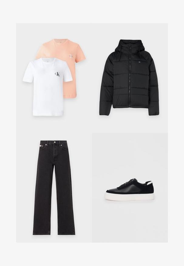Black padded jacket with a hood, featuring a front zipper, adjustable drawstrings, and quilted design. Soft, lightweight fabric.; Two short-sleeve T-shirts: one white with a black CK logo, one light peach with a smaller CK logo, both made of soft cotton.; Black wide-leg jeans made of denim, featuring a high-rise waist, five-pocket styling, and a metal button closure with contrasting stitching.; Black sneaker with smooth leather and suede panels, flat laces, rounded toe, and a white rubber sole. Distinct logo on the heel.