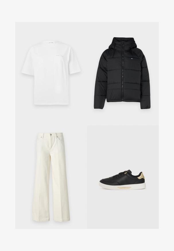 Crna podstavljena jakna s kapuljačom, sa prednjim zatvaračem, podesivim vezicama i kviltanim dizajnom. Mekani, lagani materijal.; Bijela pamučna majica s kratkim rukavima, okruglim izrezom i minimalnim sivim logom na prednjoj strani. Glatka tekstura, regularni kroj.; Široke bijele traperice izrađene od mješavine pamuka. Imaju zatvarač, dizajn s pet džepova i šavove uz rubove.; Crne kožne tenisice s glatkom teksturom, bijela gumena potplata, zlatni akcenti na peti i rupama za vezivanje, s logotipom sa strane.