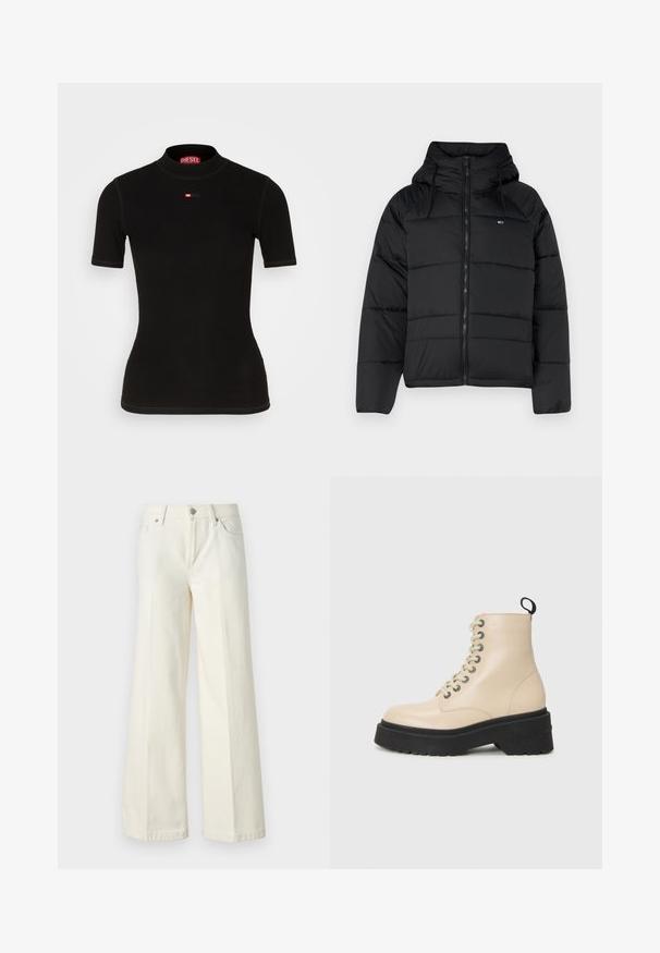 Schwarze gepolsterte Jacke mit Kapuze, ausgestattet mit einem frontalen Reißverschluss, verstellbaren Kordeln und gestepptem Design. Weicher, leichter Stoff.; Schwarzes Kurzarmoberteil aus geripptem Stoff, mit einem hohen Kragen und einem kleinen roten Diesel-Logo auf der Brust. Glatte Textur und figurbetonte Form.; Weite weiße Jeans aus einem Baumwollmischgewebe. Verfügt über einen Reißverschluss, ein Fünf-Taschen-Design und Nähte entlang der Säume.; Beige Knöchelstiefel mit einer robusten schwarzen Sohle und Ösen-Schnürung, ausgestattet mit einer Lasche an der Rückseite und einem Logo an der Seite.