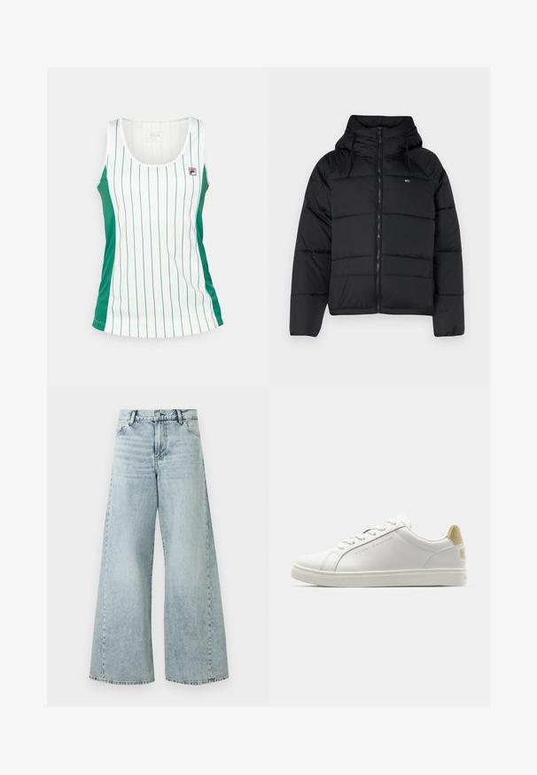 Casaco acolchoado preto com capuz, apresentando um fecho éclair frontal, cordões ajustáveis e design acolchoado. Tecido macio e leve.; Top de alças branco com painéis laterais verdes e riscas verticais verdes. Feito de tecido suave, apresentando um pequeno logo no peito. Decote redondo.; Jeans de ganga azul claro, de perna larga e cintura alta, com fecho de botão, cinco bolsos e detalhes de bainha desfiada.; Sapatilha de couro branco com textura suave, biqueira arredondada e atacadores finos. Possui um detalhe de logotipo dourado e um calcanhar bege salpicado.