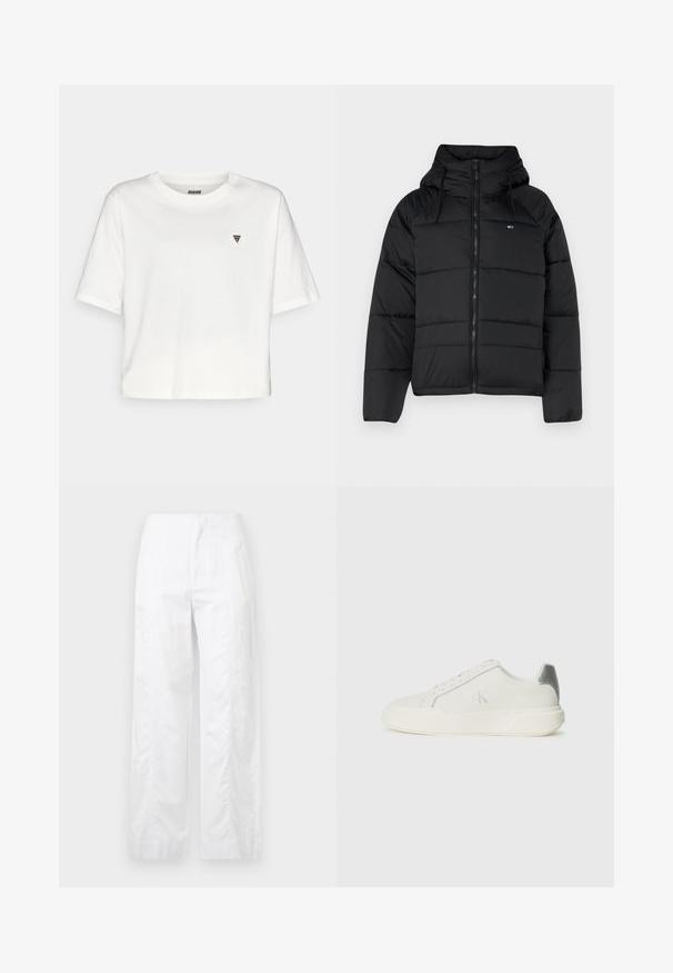 Black padded jacket with a hood, featuring a front zipper, adjustable drawstrings, and quilted design. Soft, lightweight fabric.; Guess COLETTE BOXY - Basic T-shirt - snow cap; White wide-leg trousers made of lightweight fabric, featuring a smooth texture, clean lines, and a high waist design.; White sneaker made of leather with a smooth texture, featuring a silver accent on the heel, flat sole, and minimalistic design.