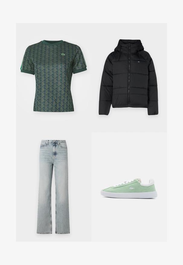 Juodas pūkų striukė su gobtuvu, su priekiniais užtrauktukais, reguliuojamomis raištelėmis ir siuvinėta struktūra. Minkšta, lengva medžiaga.; Žalia trumpomis rankovėmis marškinėliai, dekoruoti geometriciniu raštu šviesesnės žalios spalvos, su apvalia iškirpte ir maža logotipo etikete krūtinėje. Tekstūruota medžiaga.; Aukštai juosmens, šviesiai mėlynos džinsinės kelnės su plačiomis kojomis, turinčios penkias kišenes ir subtilų blukimą audinyje.; Žalieji zomšiniai sportbačiai su baltais raišteliais ir kulnu. Su subtiliu logotipu šone ir tekstūruotomis detalėmis šalia kulno. Lygus guminis padas.