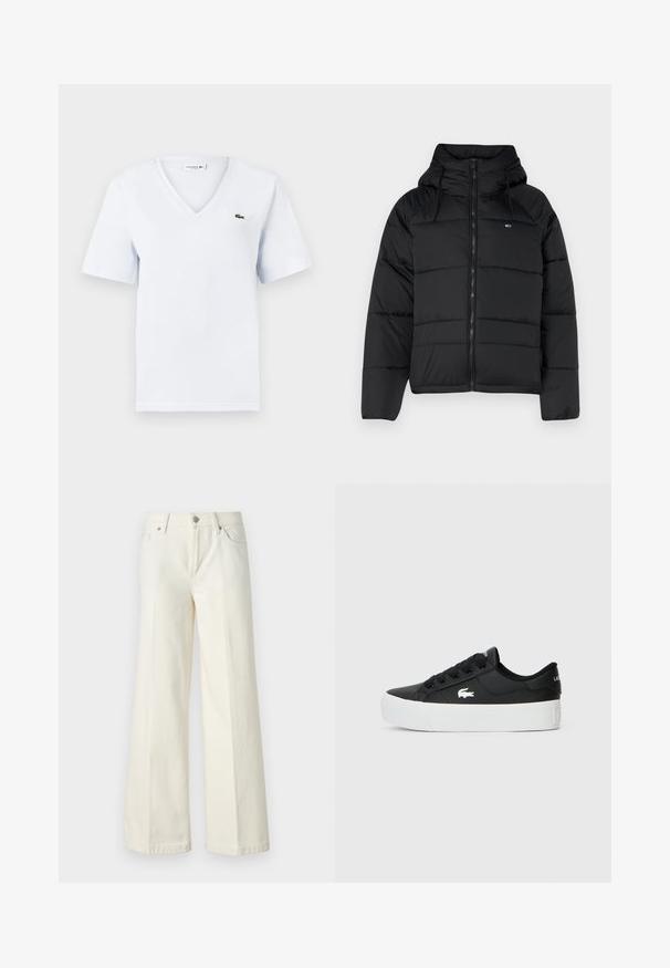 Jachetă neagră căptușită cu glugă, cu fermoar frontal, șnururi ajustabile și design matlasat. Material moale și ușor.; T-shirt din bumbac, de culoare albastru deschis, cu mâneci scurte, decolteu în V și un mic logo verde Lacoste sub formă de crocodil pe partea stângă a pieptului. Textură moale.; Blugi albi evazați dintr-o țesătură din bumbac. Prezintă un fermoar la braguă, un design cu cinci buzunare și cusături de-a lungul cusăturilor.; Sneakeruri negre cu talpă joasă, fabricate din material sintetic, având o talpă din cauciuc alb, șireturi negre și un mic logo alb pe lateral.