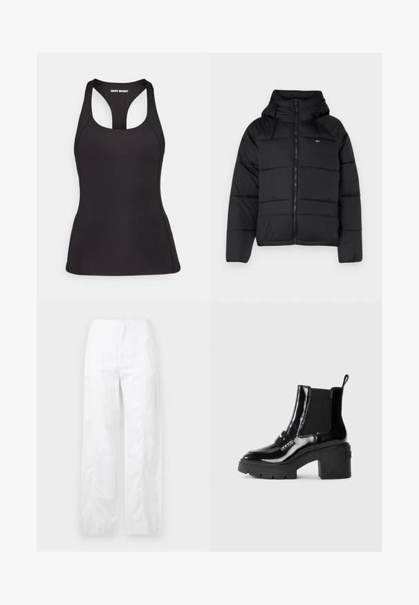 Casaco acolchoado preto com capuz, apresentando um fecho éclair frontal, cordões ajustáveis e design acolchoado. Tecido macio e leve.; Top desportivo preto feito de um tecido suave, apresentando um design de costas nadador e detalhes de costura em contraste para maior durabilidade.; Calças brancas de perna larga feitas de um tecido leve, com uma textura suave, linhas limpas e um design de cintura alta.; Bota ankle preta em verniz com um salto robusto, painéis laterais elásticos, tira decorativa e costura contrastante. Textura lisa com um acabamento brilhante.