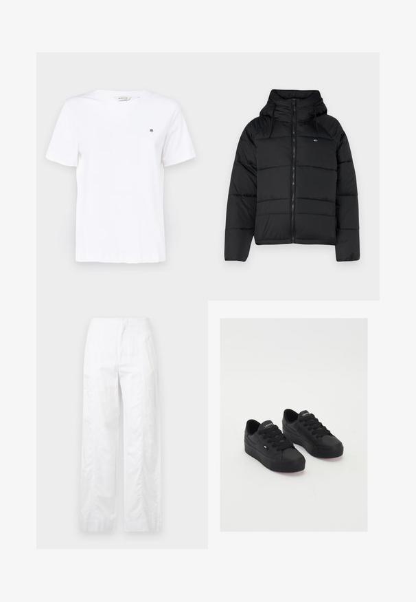 Casaco acolchoado preto com capuz, apresentando um fecho éclair frontal, cordões ajustáveis e design acolchoado. Tecido macio e leve.; T-shirt de algodão branco com mangas curtas, decote redondo e um pequeno logótipo bordado no peito. Textura suave e corte clássico.; Calças brancas de perna larga feitas de um tecido leve, com uma textura suave, linhas limpas e um design de cintura alta.; Sapatilhas pretas de cano baixo feitas de material suave, com atacadores grossos, uma sola texturizada e um pequeno logo na lateral e na língua.