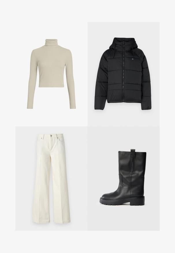 Mustat pehmustetut takki huppulla, jossa on edessä vetoketju, säädettävät nauhat ja tikattu muotoilu. Pehmeä, kevyt kangas.; Vaaleanbeige ribattu korkeakauluksinen pitkähihainen paita, jossa on istuva malli ja korkea kaulus. Hemmassa on hillitty logotagi. Sileä pinta.; Valkoiset leveät farkut, jotka on valmistettu puuvillasekoitteesta. Ominaisuuksina vetoketjuluukku, viisi taskua ja ompeleet saumoissa.; Mustat nahkaiset polven yli ulottuvat saappaat, joissa on tyylikäs muotoilu, paksu pohja ja sivussa vetonauha helppoa pukemista varten. Huomattavat tikkauskoristeet.